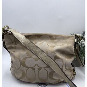 Coach F15067‎ Authenticated Signature Logo Khaki Beige Gold Tote Shoulder Bag